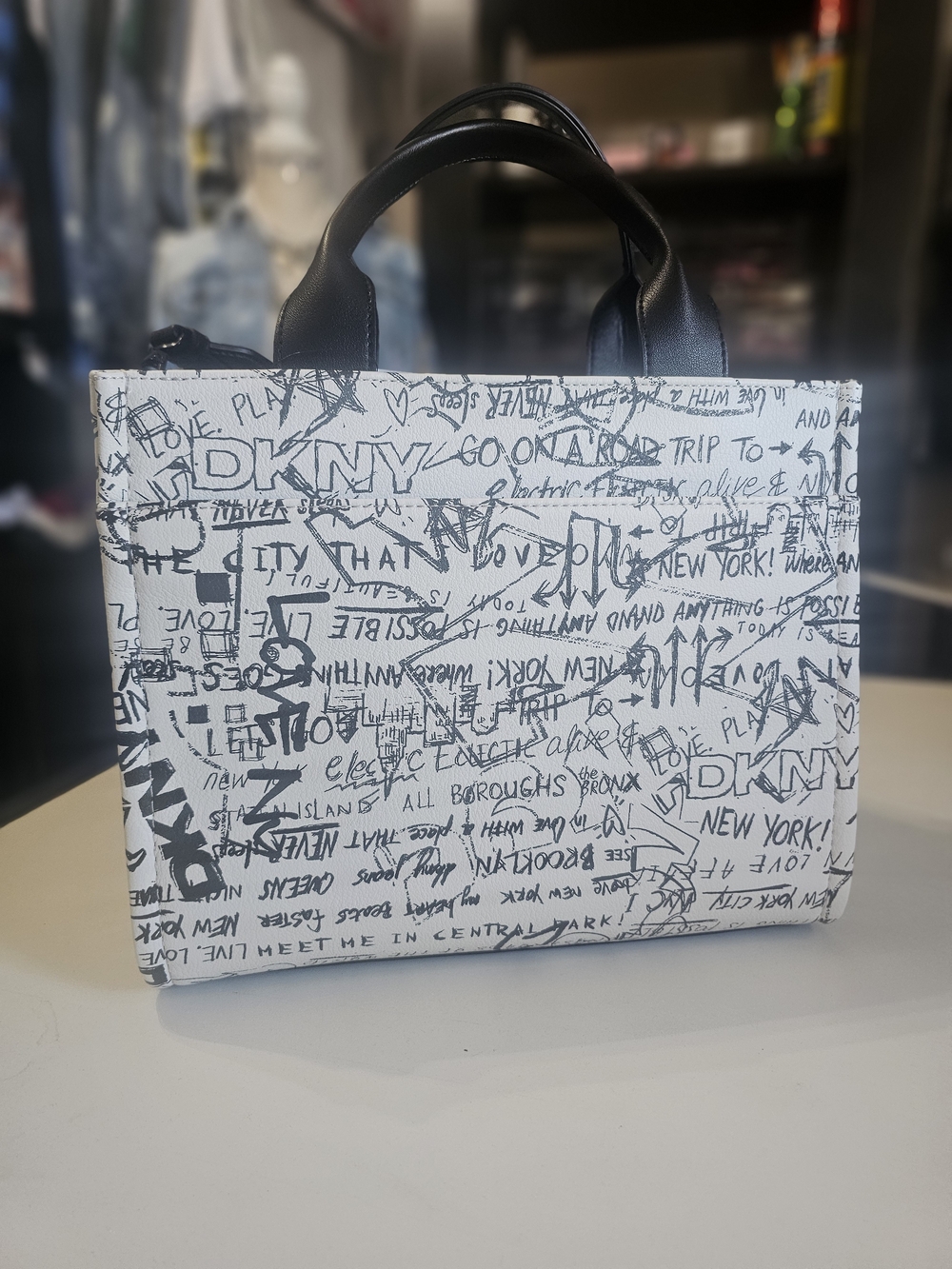 DKNY White Graffiti Print Tote with Black Handles